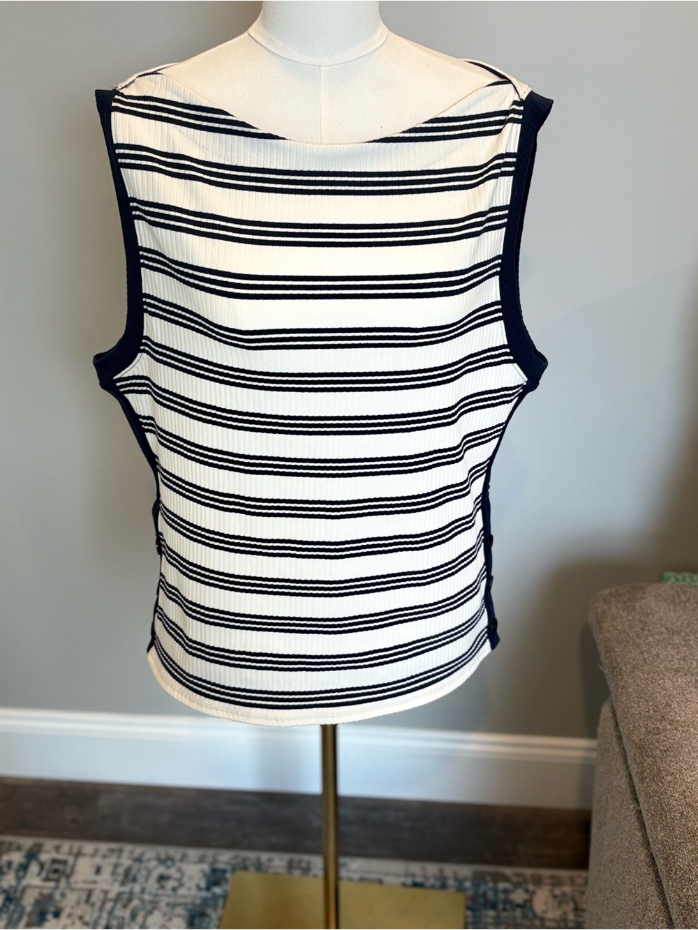 J.Crew Premium Rib Side-Button Striped Boatneck Sleeveless Top XXL Navy & White